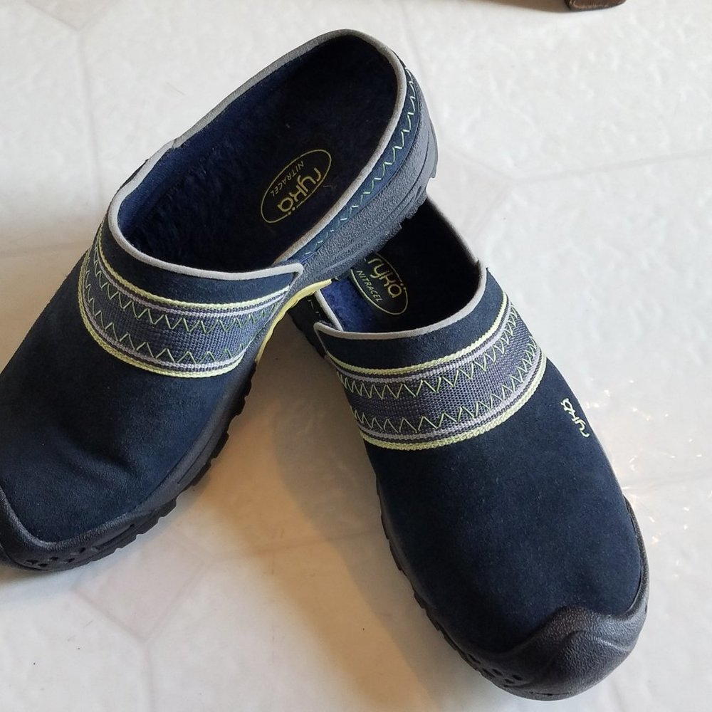 Like NEW! Ryka NITRACEL Trek Banded Clogs, blue leather top, size 7.5